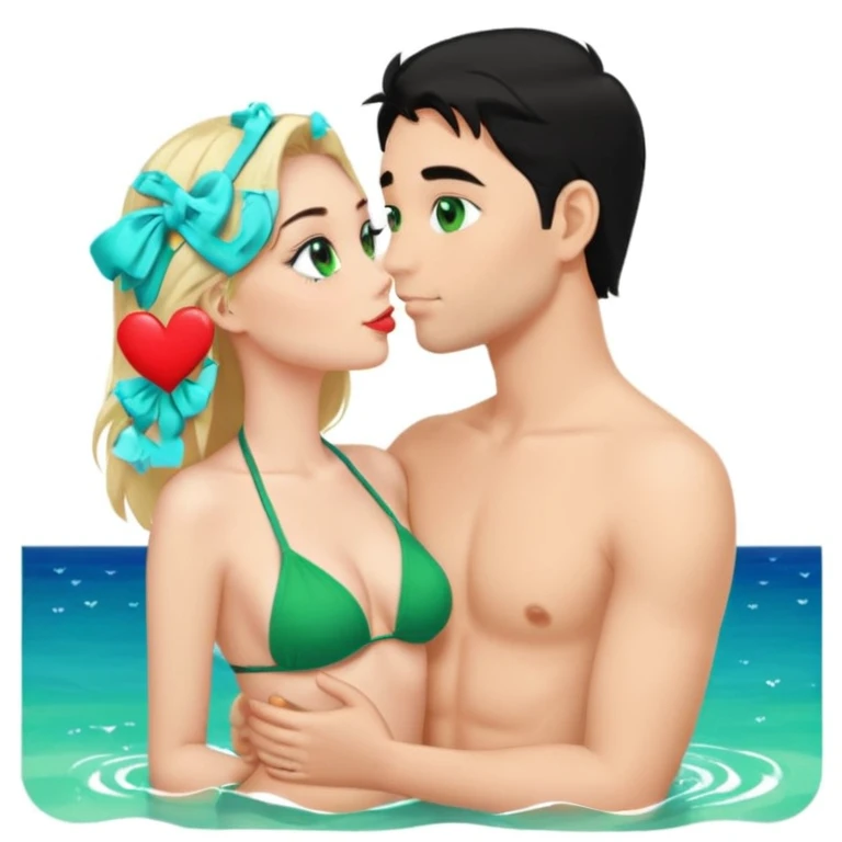 Blonde girl Green eyes Green Bikini whole body Kissing man black Hair blue eyes Hearts in Body Background sea emoji