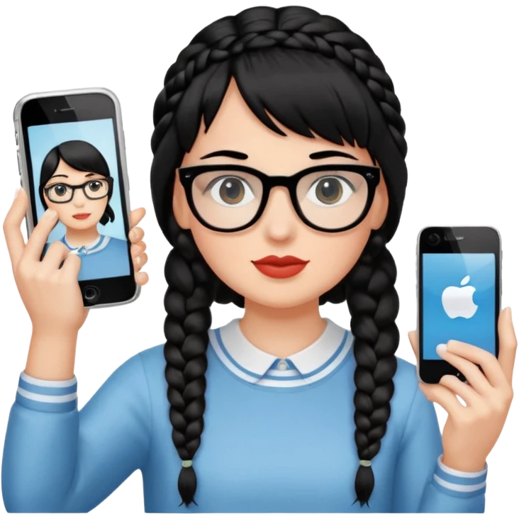 Black hair braided to one side, bangs, horn-rimmed glasses, and taking mirror selfies with iPhone white. Holding a phone to show the iPhone logo emoji