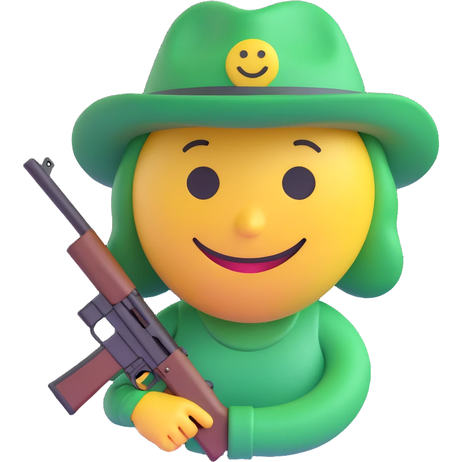 3D smiley emoji, round shape, hunter wearing a green hat, holding a rifle, smiling face, transparent background emoji