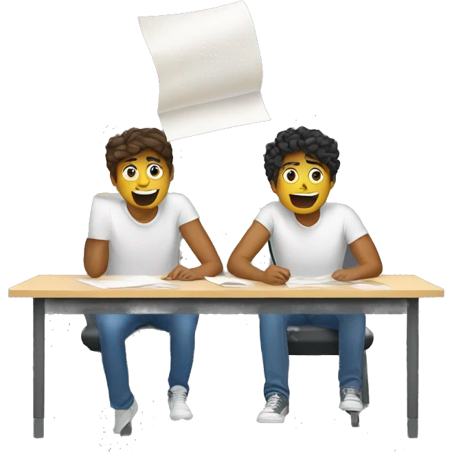 2 European students sitting at desks. They are throwing paper emoji