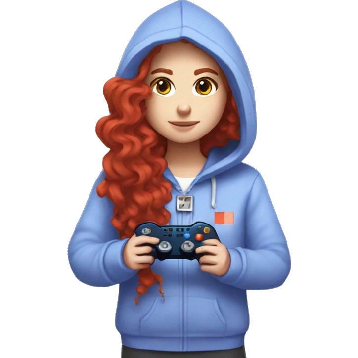a white girl with long red curly hair, wearing periwinkle Minecraft hoodie holding a controller emoji