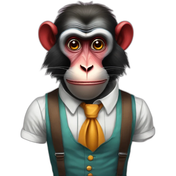 Funny Portrait of a Mandrill with a human look wears a shirt and Suspenders in the shirt papillon like a clown emoji