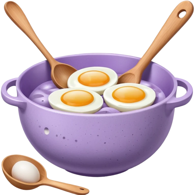 a lilac ceramic mixing bowl with a wooden spoon stirring and sitting next to it is a few eggs emoji