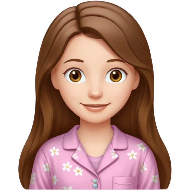 smiling white long brunette hair girl with hazel eyes and in light pink pajamas emoji