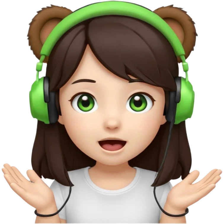Animated emoji, Chibi girl, long dark brown hair, green eyes, wearing a white shirt and small brown bear ears on a black headset, with wide happy surprised eyes and mouth and clapping excitedly emoji