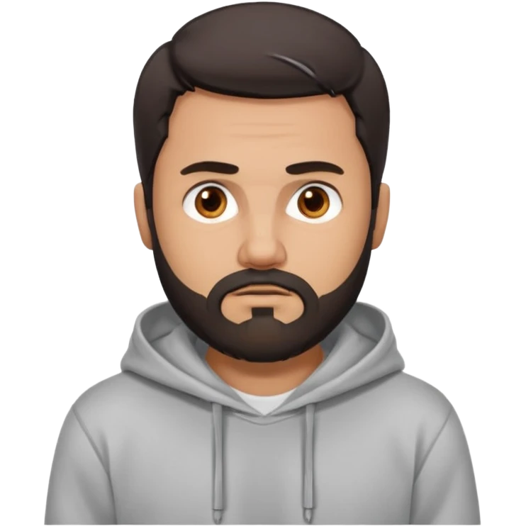Uomo adulto con la barba capello moro occhi marroni metà busto e vestito con una felpa grigia e maglietta bianca espressione cattiva emoji