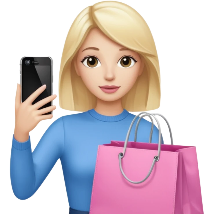 Blond influencer taking selfie with an iphone with one hand and a pink shopping bag next to her  emoji
