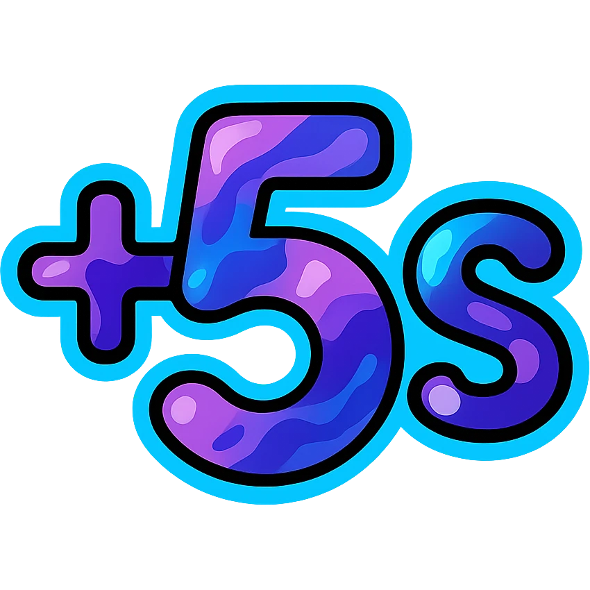 '+5s' symbol with cosmic liquid metal effect in purple and blue tones, 's' subscript, electric blue neon glow border emoji