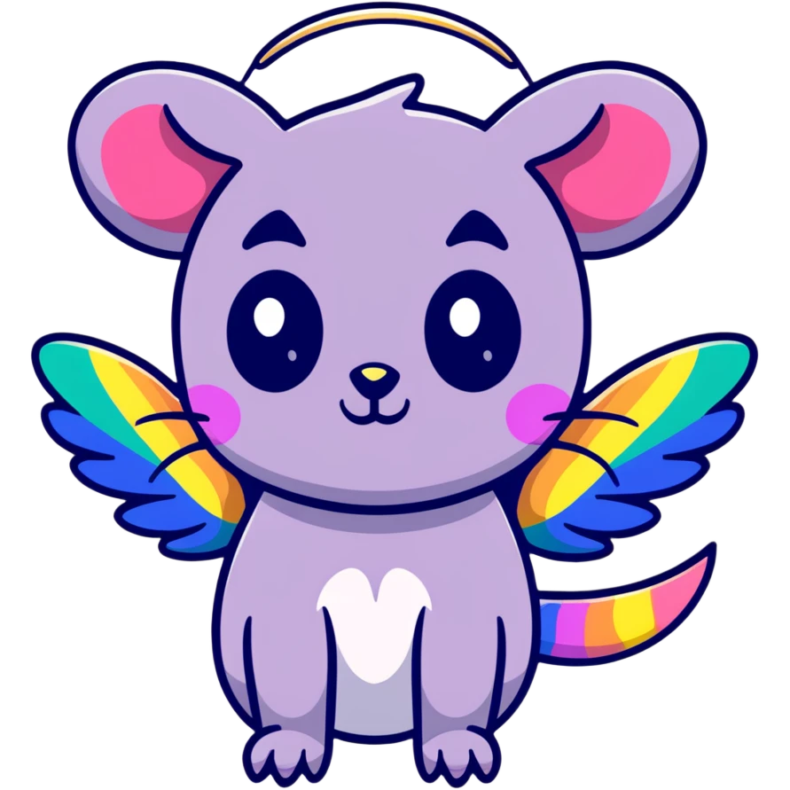 colorful possum with rainbow wings, sparkly halo, lots of glitter emoji