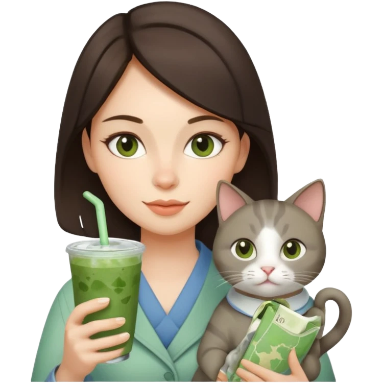 a brunette woman in here 30S drinking an iced matcha, carrying a grey cat and a map of the world emoji