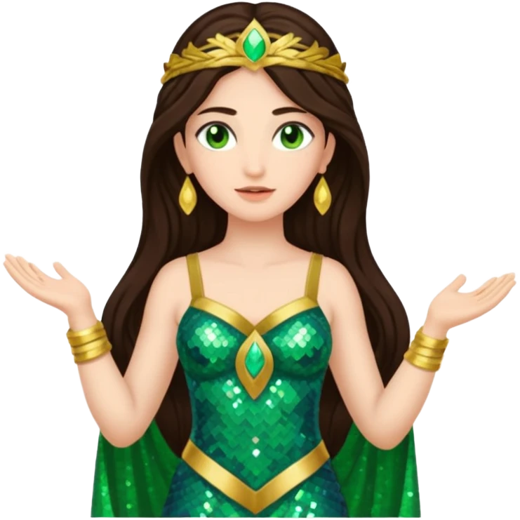 Juno, Goddess of Marriage from Gods and Goddesses with long dark brown hair, green sequin outfit emoji