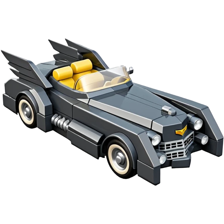  the animated series aerodynamic opulent dark futuristic concept Batmobile loosely based on 1956 V16 Cadillac roadster Lego (flat long straight faceted mechanical body) winged stealthy street hot rod  emoji