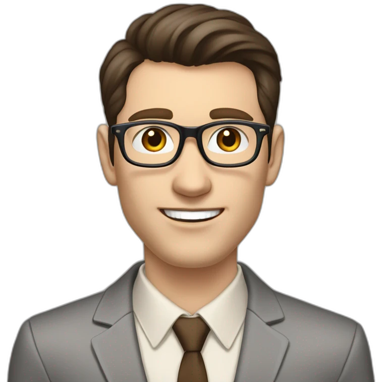 Pale skinned fit man with dark brown hair in gray jacket, beige office shirt, brown tie, brown pants and vintage glasses Writing text on a marker board emoji