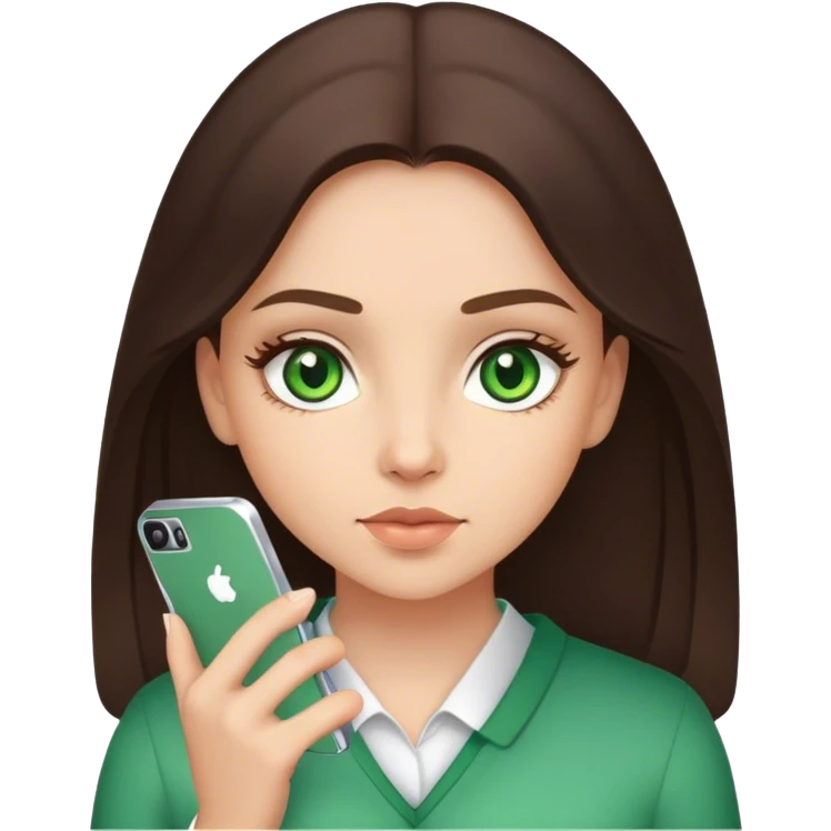 brunette girl with green eyes with phone emoji