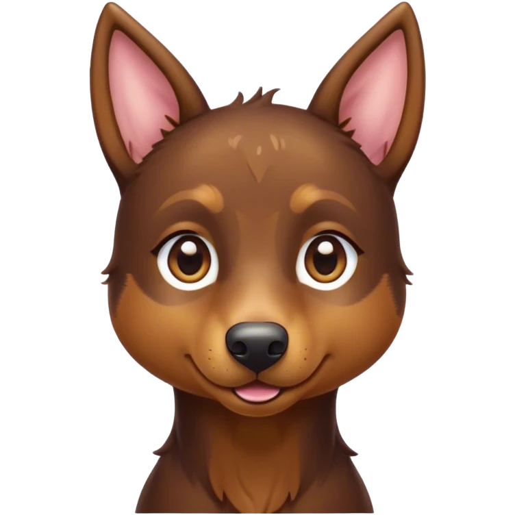 Cinematic Cute Brown and Tan Kelpie Portrait Emoji, Head tilted playfully and inquisitively, featuring a glossy brown Fur with vibrant tan accents, round, sparkling warm eyes filled with curiosity, Simplified yet irresistibly adorable features, highly detailed, glowing with a warm, friendly glow, high shine, affectionate and spirited, stylized with a touch of whimsy, bright and endearing, soft glowing outline, capturing the essence of a mischievous yet loving herder, so playful it feels like it could leap out of the screen and into your arms! emoji
