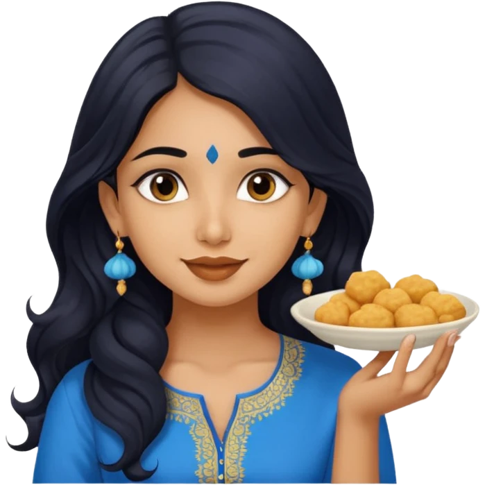 a pretty tan indian bratz girl with wavy long BLACK hair. eyeliner on, wearing a blue kurti, eating golgappa. NO SPOON emoji