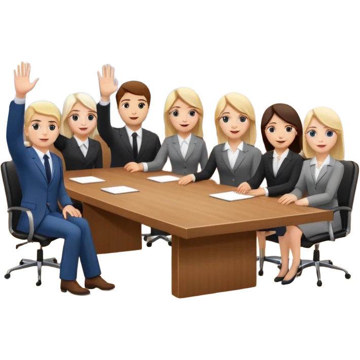saying goodbye a group of coworkers hand up in meeting room in long rectangular table emoji