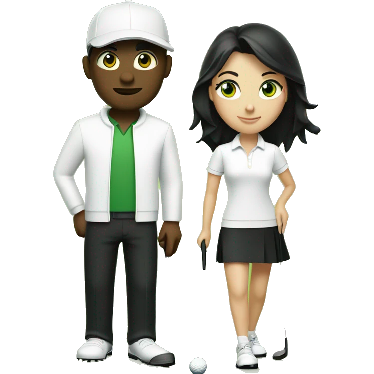 Blond men green eye wearing white golf outfit and black hair brown eye woman wearing black golf outfit playing golf. emoji