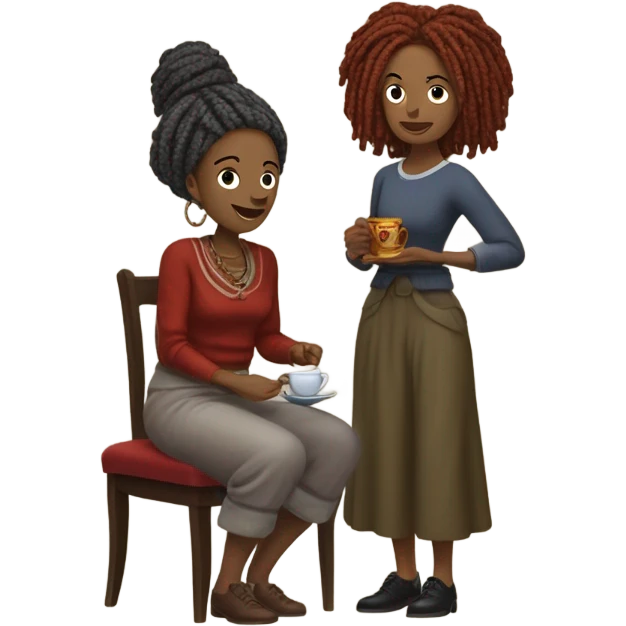 woman with gray locs, wearing pants , other woman is brown with red locs, in a knee-length dress with a cozy sweater, looking at antique items, such as a vintage lamp or an old teacup, with a table full of trinkets in the background emoji