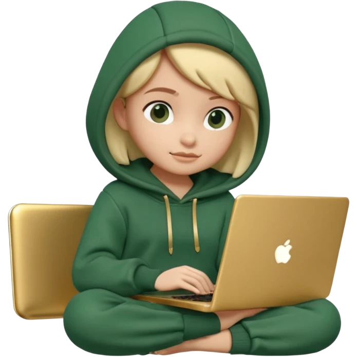 3D clay render character sitting with laptop, rounded cute design, deep green (#0B3D2C) hoodie, cream laptop, gold accents, Pixar style, transparent background emoji