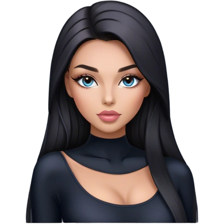 Glamours, tanned, very beautiful girl, with big pump peach-beige-rose lips, long long lashes, black straight smooth silky long hair, straight parting hair, blue-grey eyes in black long-sleeves bodysuit emoji