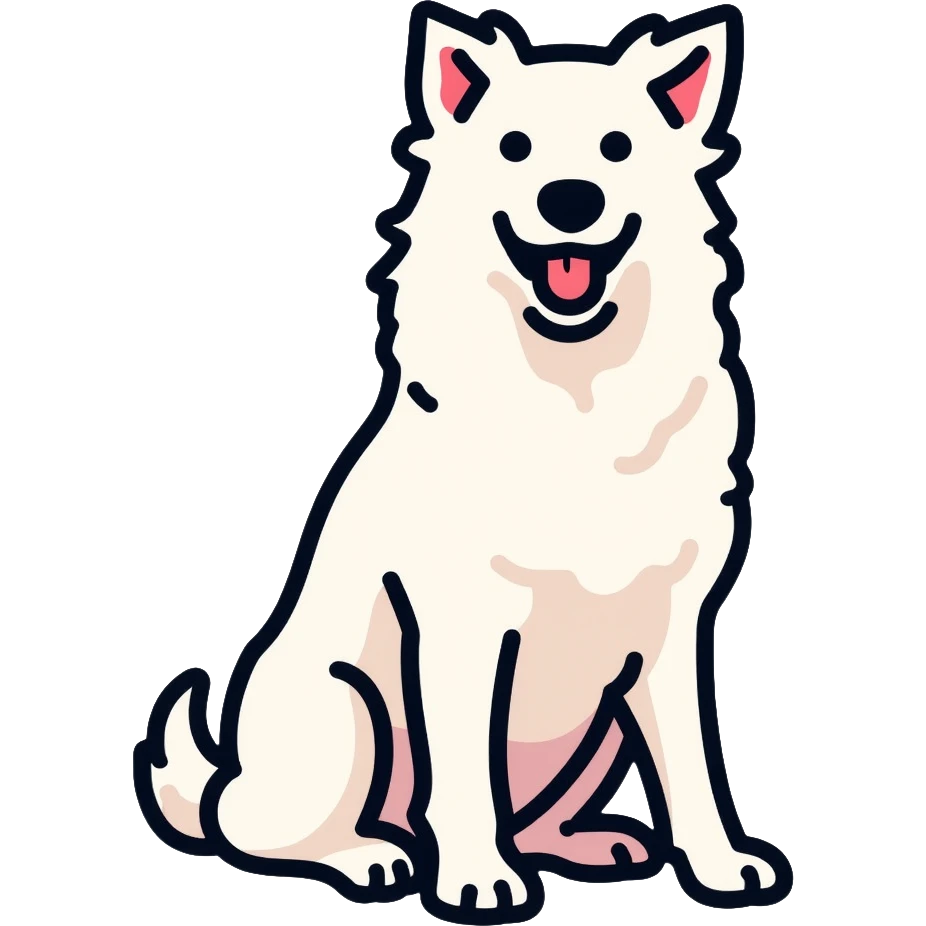 A pure white Border Collie dog sitting, with fluffy fur, alert pointed ears, and friendly expression emoji
