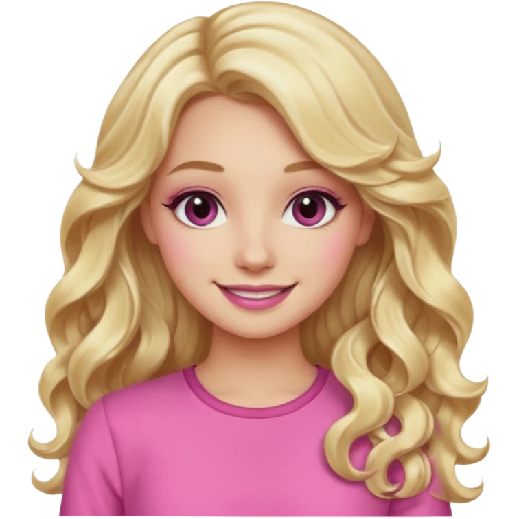 blonde girl, long wavy hair, pink clothes, trendy heavy makeup, smiling emoji