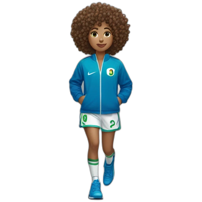 girl curly hair and a Algeria jersey blue and jogging blue, Nike blazer blue and swoosh blue with a lollipop in his mouth emoji
