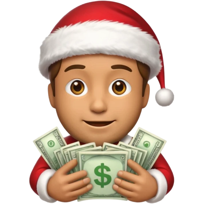 A confident rich emoji face wearing a Santa hat, money stacks, casino vibe, New Year theme, premium 3D emoji style, sharp details, no text, isolated on transparent background emoji