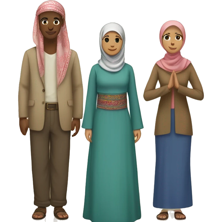 Five people of diverse ethnicities and cultures stand in a circle holding hands, each wearing traditional clothing from their country: a Muslim woman in a hijab,  Their varied skin tones emoji