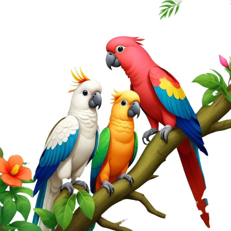 Close-up collage of vibrant Ara parrots and Inca cockatoos sitting on tree branches, surrounded by lush greenery. Bright colors of the birds stand out against a natural, sunny background of trees and flowers. Transparent background. emoji