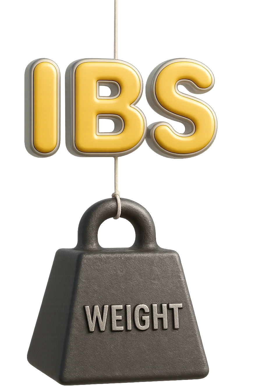 emoji stile iphone della parola "IBS" sospesa in aria con zavorra attaccata sotto che la fa cadere per il peso, iperrealistico 4k emoji