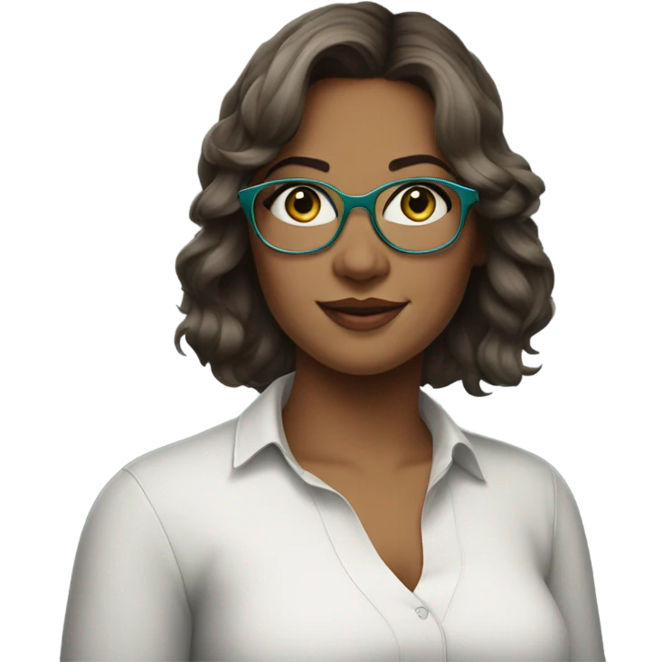 young curvy woman with shoulder length brown hair, sideswept bangs, grey-green eyes, singer, blue glasses emoji