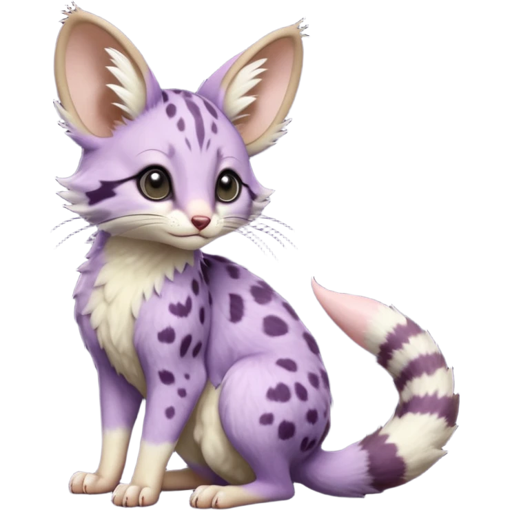 Purple, soft realistic romantic vintage antique divine beautiful elegant pretty precious cute young youthful  Fakémon-Pokémon-opossum-feline-mouse-serval-caracal-chinchilla-Minccino-Cinccino-Meowstic-rodent-hybrid-creature with a tufted tail (full body) emoji
