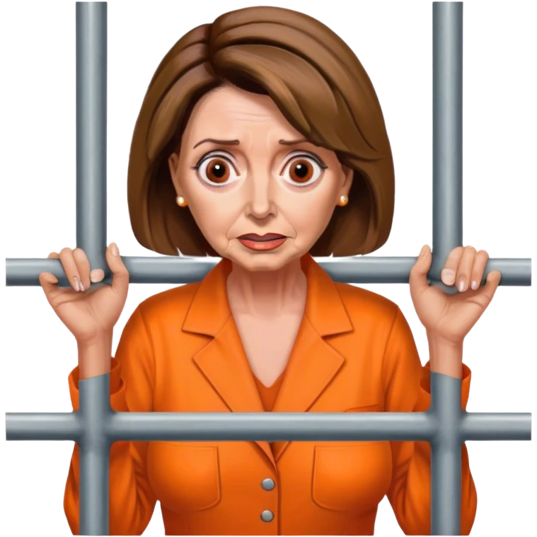 Make a picture of 'Nancy Pelosi' wearing an orange jumpsuit and behind bars make her look worried but only about herself emoji
