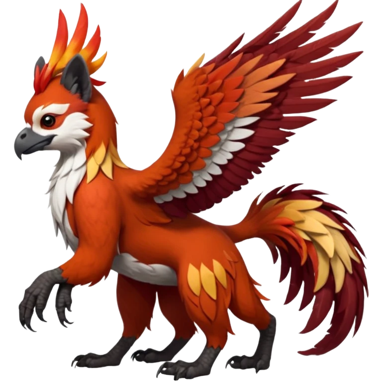 4-legged realistic digitigrade scaly winged long-big-beaked Gryphon-Griffin-Griffsnuff-Talonflame-Silvally-Braviary-Red-Panda-fusion-hybrid-animal-Fakémon-creature, full body, with a long thin tufted lion-tail, long tufted winged feathery ears emoji
