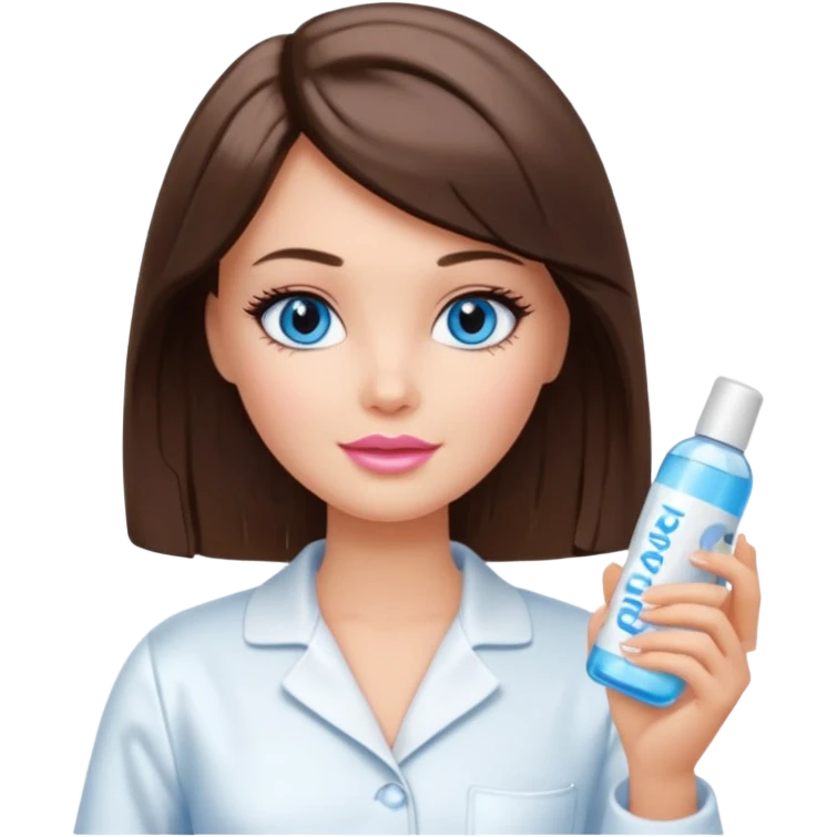 Barbie girl with makeup, blue eyes , and bob long haircut, short brown hair in white pajamas, face gel in hand emoji