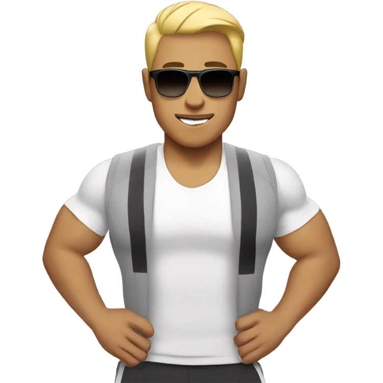 strong asian personal trainer short golden hair with sunglasses white vest emoji