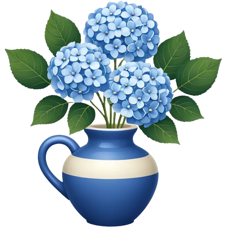 Blue and white floral vase with one handle, with white hydrangeas stem and blue hydrangeas stems emoji