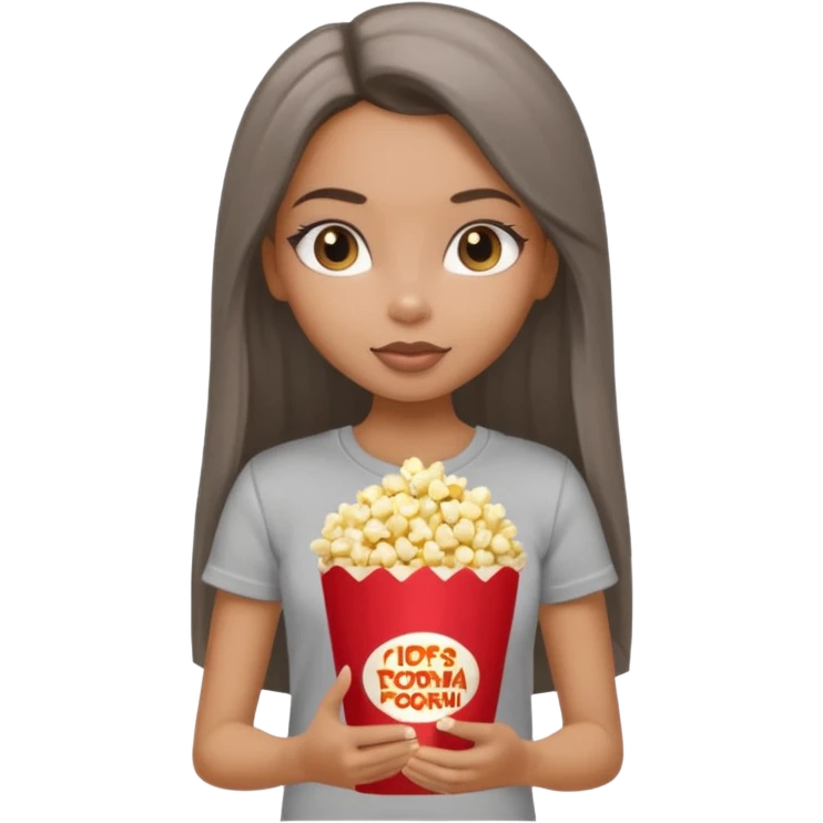 a pretty bratz dusky girl with long straight hair with popcorn nd wearing a grey tshirt emoji