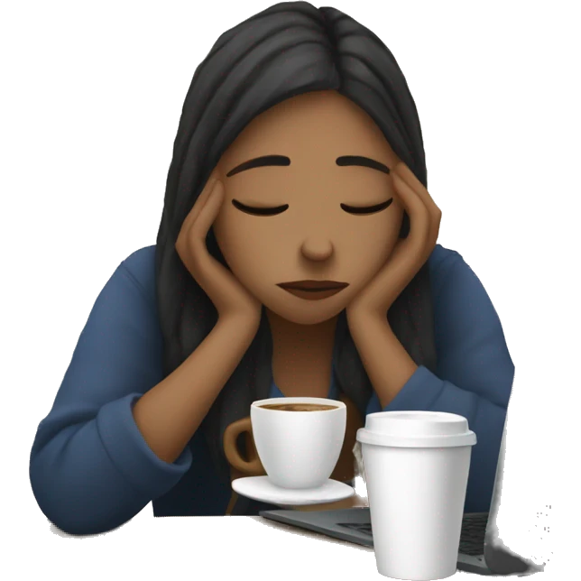 tired french girl with laptop drinking a lot of coffee emoji