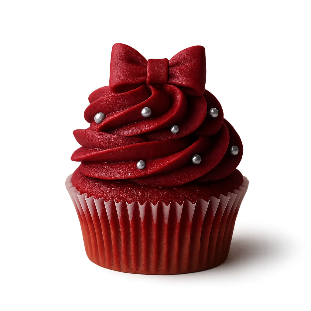Change the icing to red velvet with a deep red, creamy texture, keep the realistic cupcake and accessories, photorealistic style, transparent background. emoji