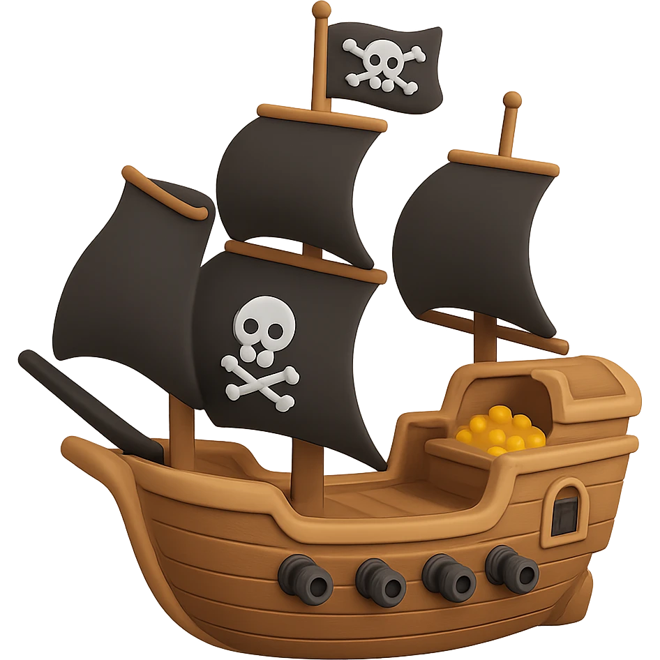 An adorable pirate galleon with black sails, cannons, and a treasure chest on deck emoji