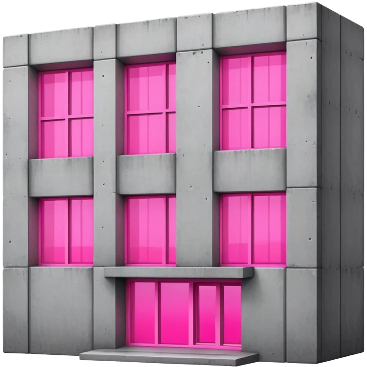 Brutalist gray concrete block building with one neon pink window emoji
