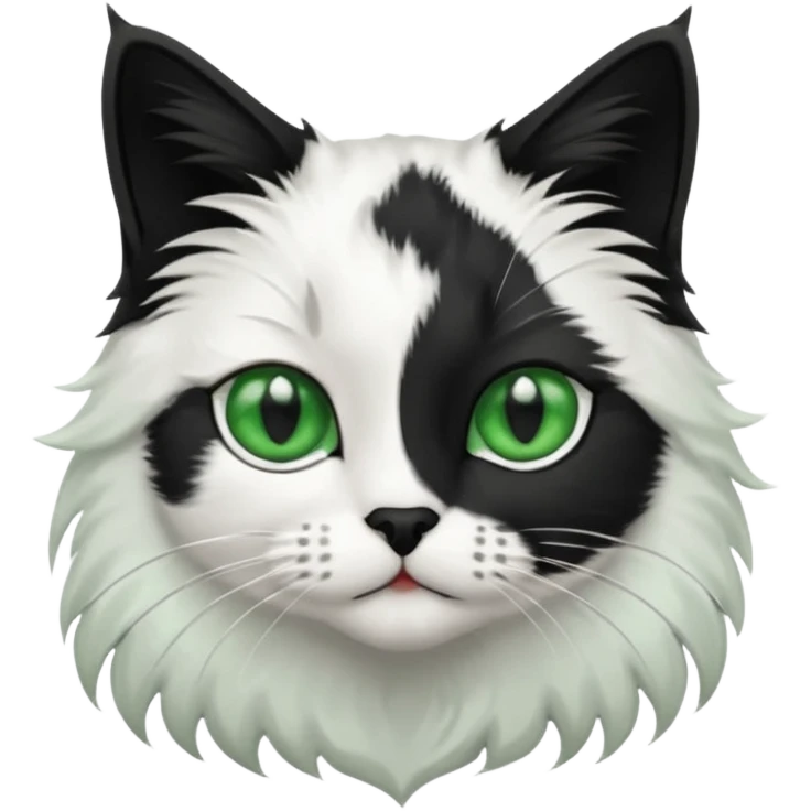 black and white long hair cat. green eyes. black nose. black splotch in the shape of a star near nose (on the right side). white chest. emoji