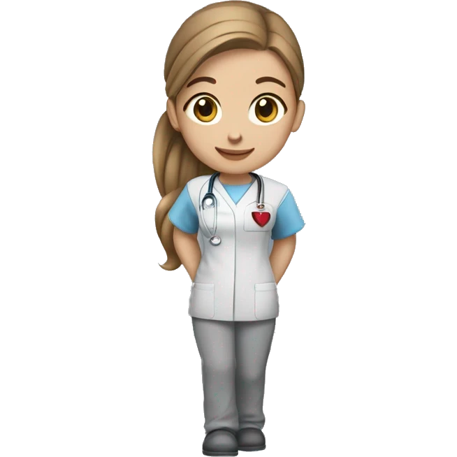 nursing student in a grey scrub with red accents on the sleeves with light skin, brown hair and ligth brown hair in a ponytail emoji