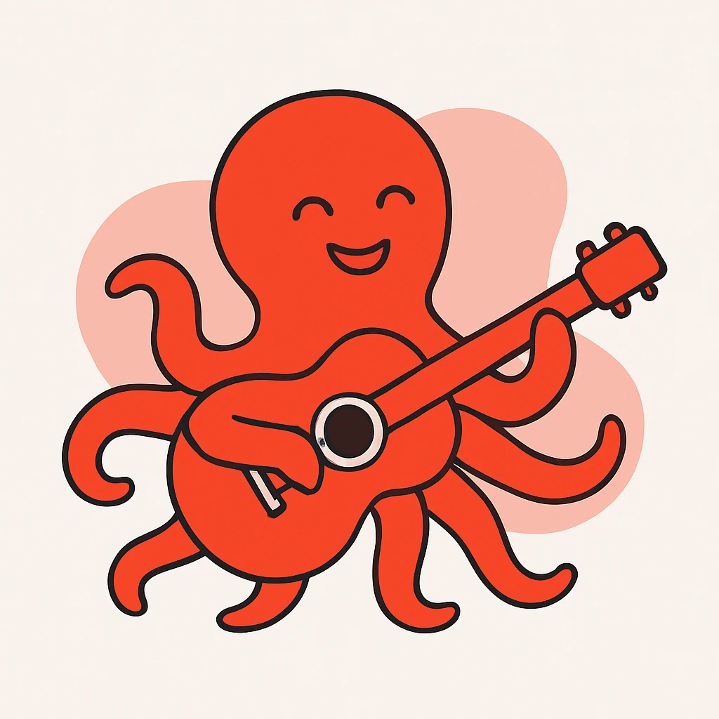 happy octopus with multiple arms playing guitar emoji