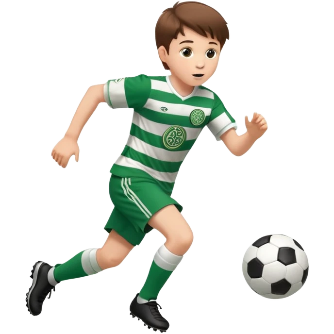 Celtic footballer jersey logo  6 years old brown hair white boy , stripes uniform , RUNNING  with soccer ball # 17 celtic football logo PUT ONLY ONE LOGO emoji