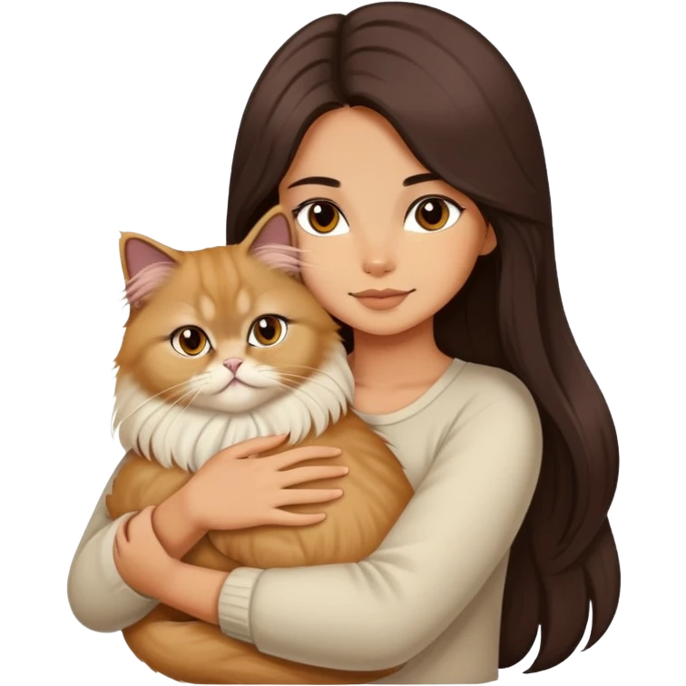 A pretty girl with long dark hair is hugging her light hair persian cat. emoji