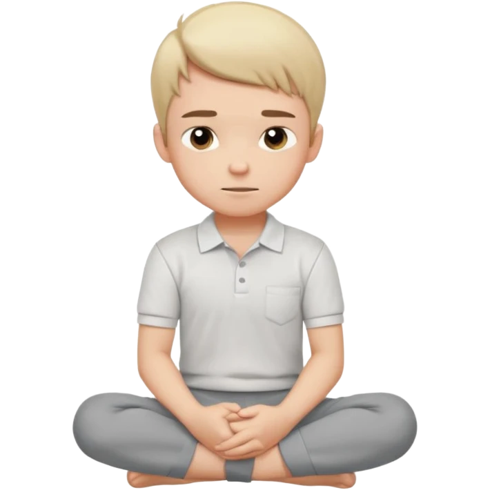 Cartoon boy sitting cross-legged, his fist pressed to his cheek, wearing a white polo and gray pants. He has a smug smirk, eyes looking forward. Clean lines, flat colors, solid black background, vector art, character sheet style. emoji